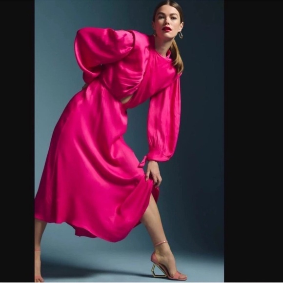 Farm Rio $260 Maxi Shoulder Pad Long-Sleeve Cutout Dress in Pink Size Small - Picture 2 of 5